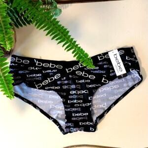 NEW! bebe Luxury Intimates Panty Size L Black Monogram Criss Cross Hi Cut
